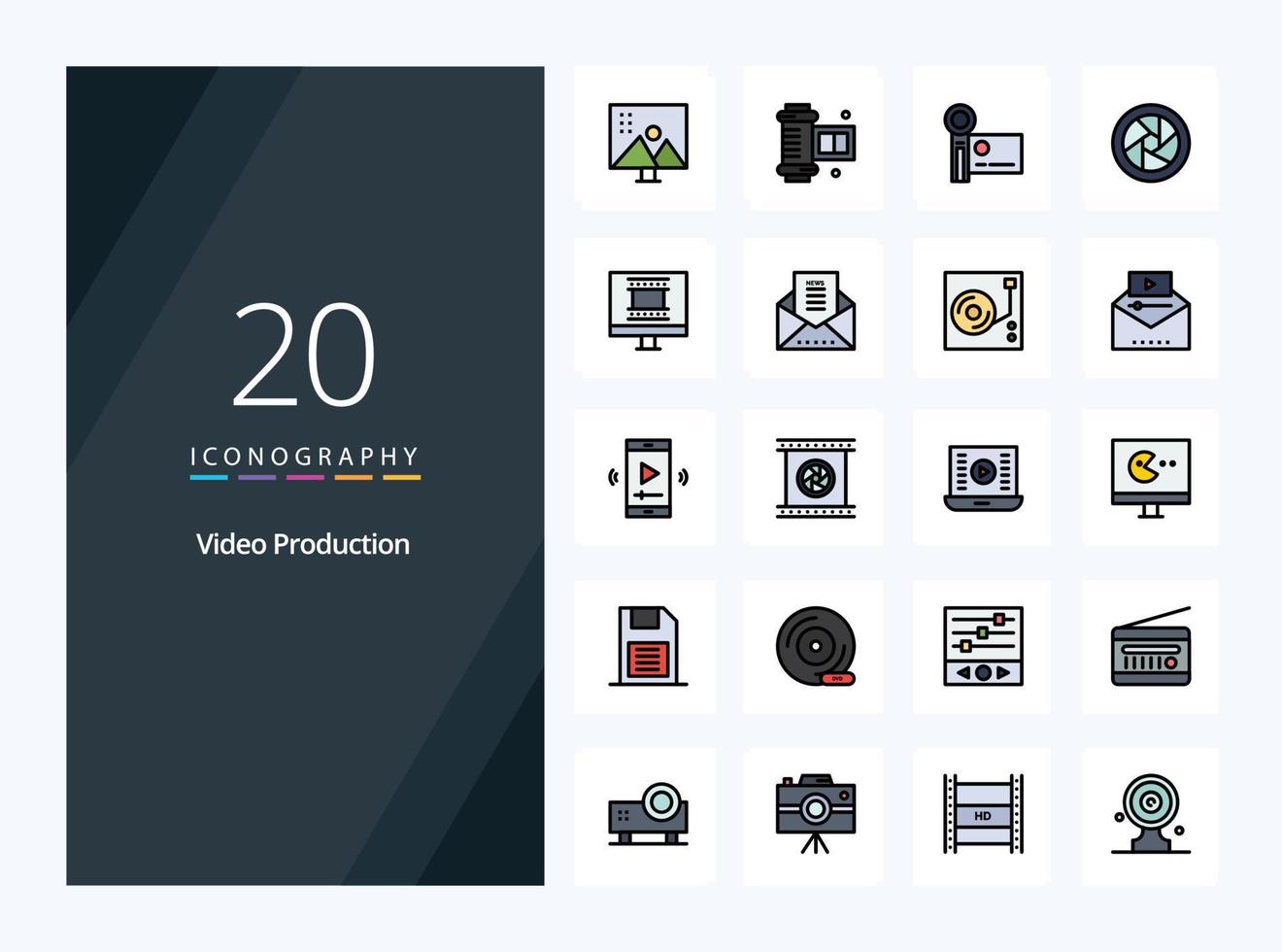 20 Video Production line Filled icon for presentation vector