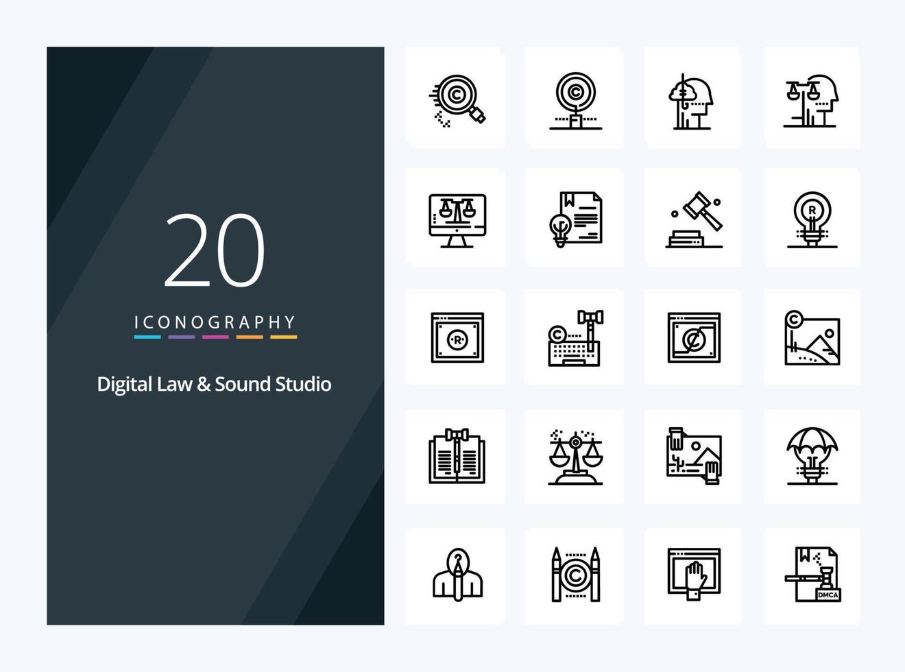 20 iconos de contorno de estudio de derecho y sonido digital para presentación vector