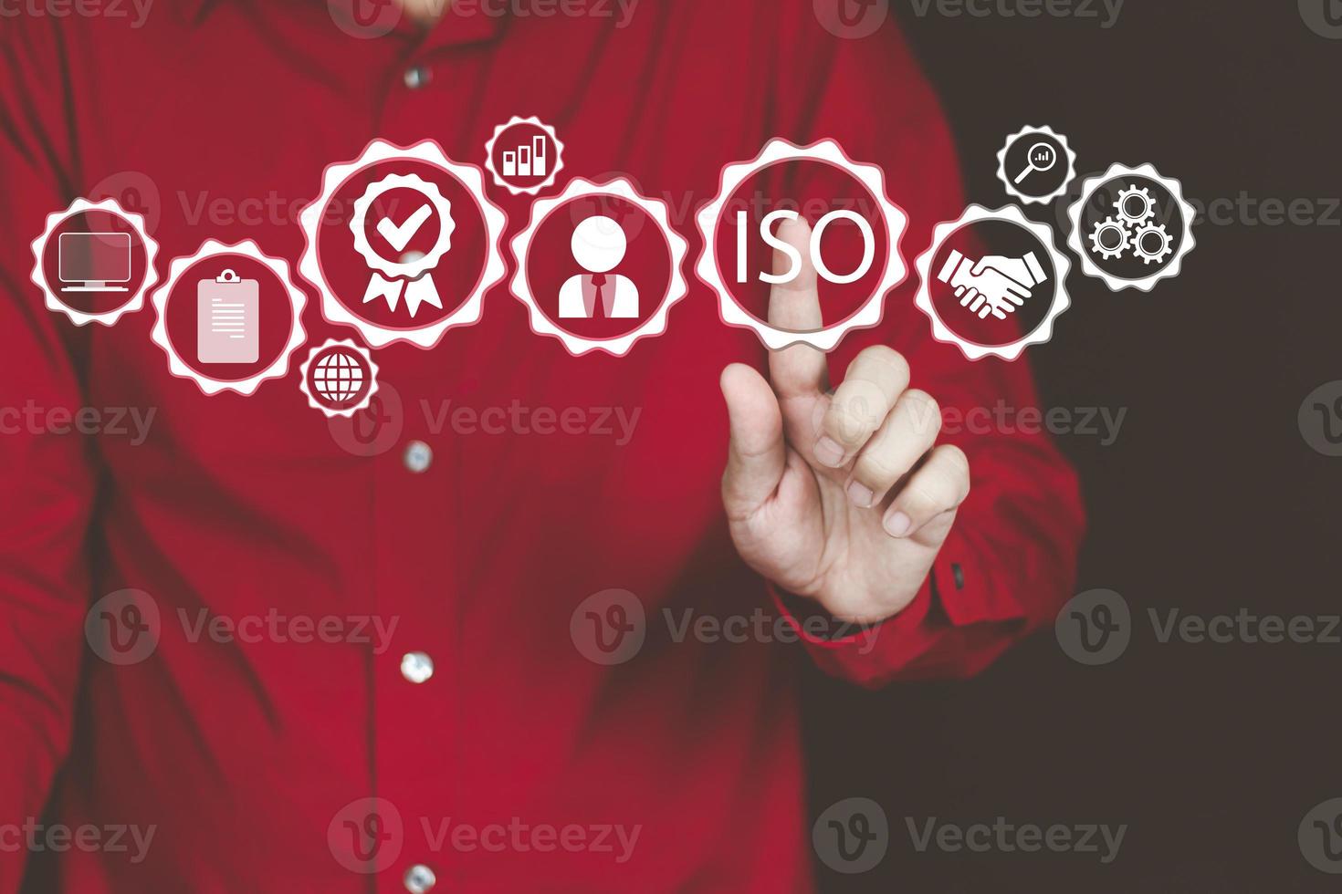 Quality and service assurance concept, men's hands are pointing to the quality and service assurance mark. to build confidence for customers photo