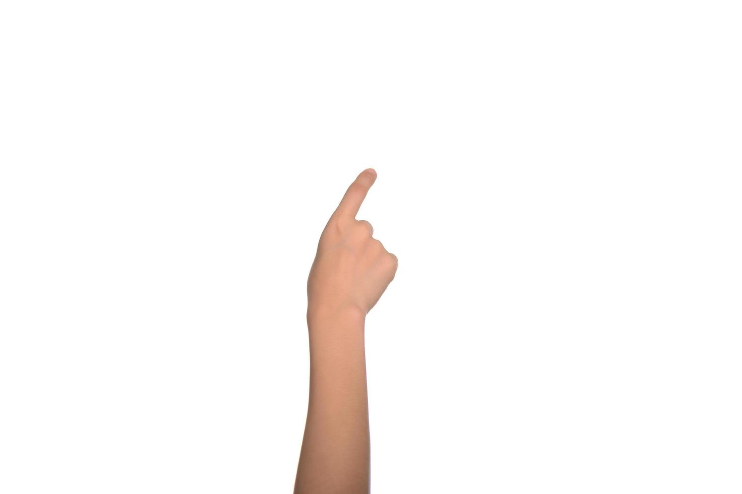Hand of asian woman touching invisible screen on white background. photo