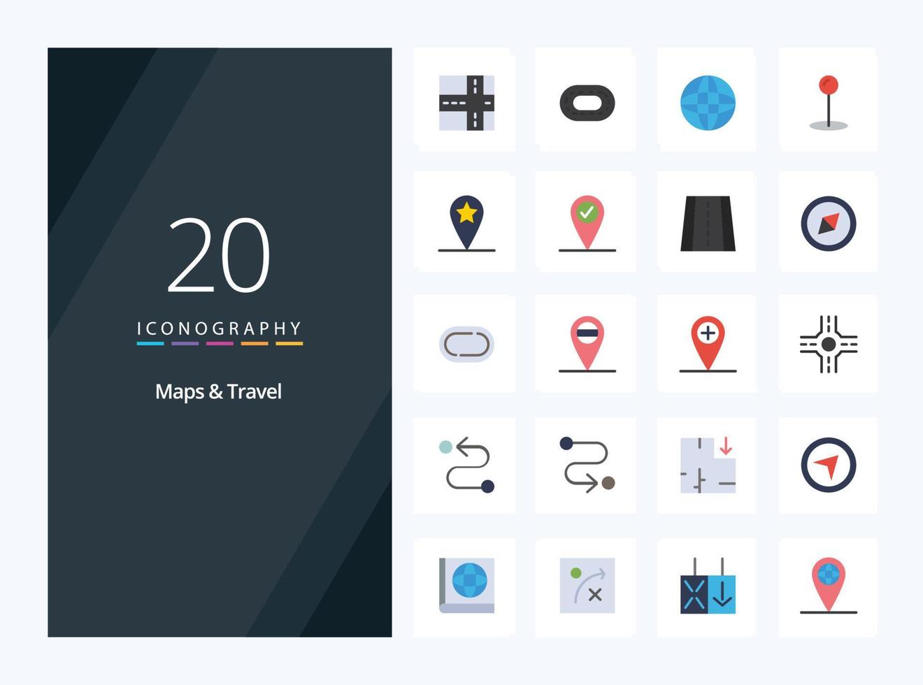 20 mapas viajan icono de color plano para presentación vector