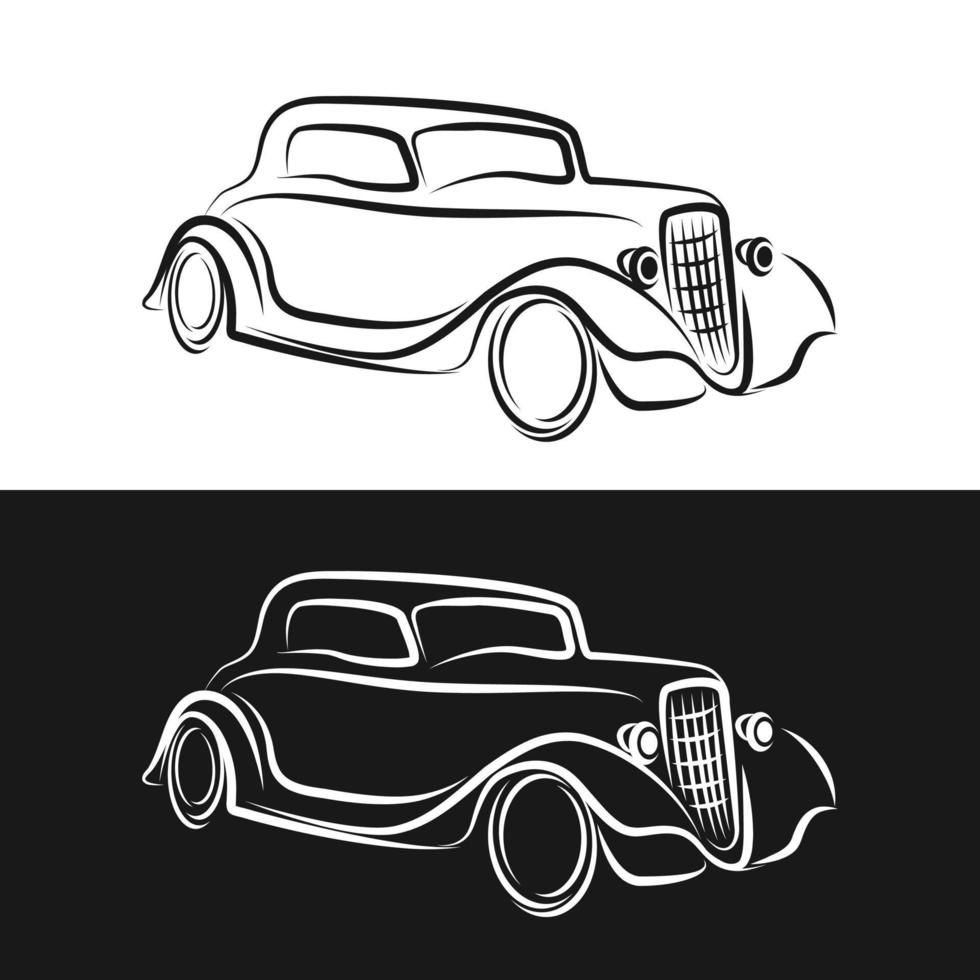 Line vector icon american auto oldtimer. Classic 1930s style. Nostalgia antique automobile. Summer travel vacation. Vintage cartoon sport car. Highway. Garage. Collection car. Illustration for design