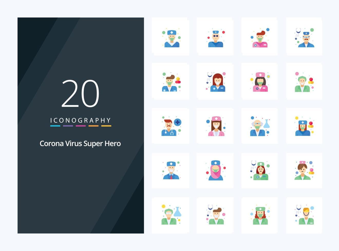 20 corona virus superhéroe icono de color plano para presentación vector