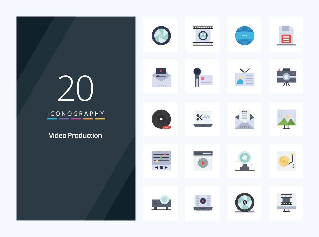 20 icono de color plano de producción de video para presentación vector