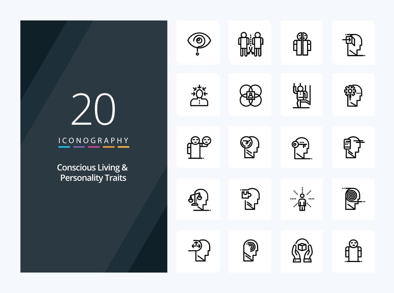 20 iconos de esquema de rasgos de personalidad y vida consciente para presentación vector