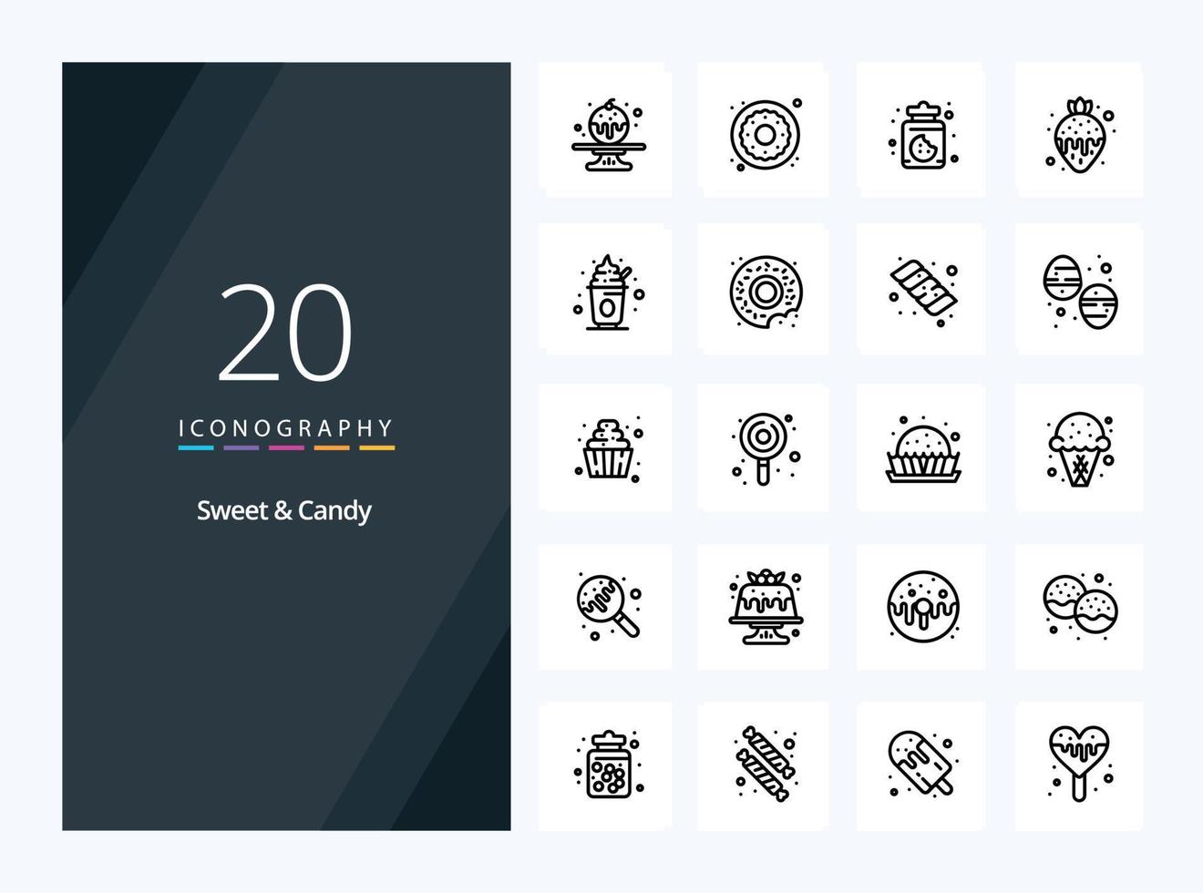 20 iconos de contorno de dulces y caramelos para presentación vector