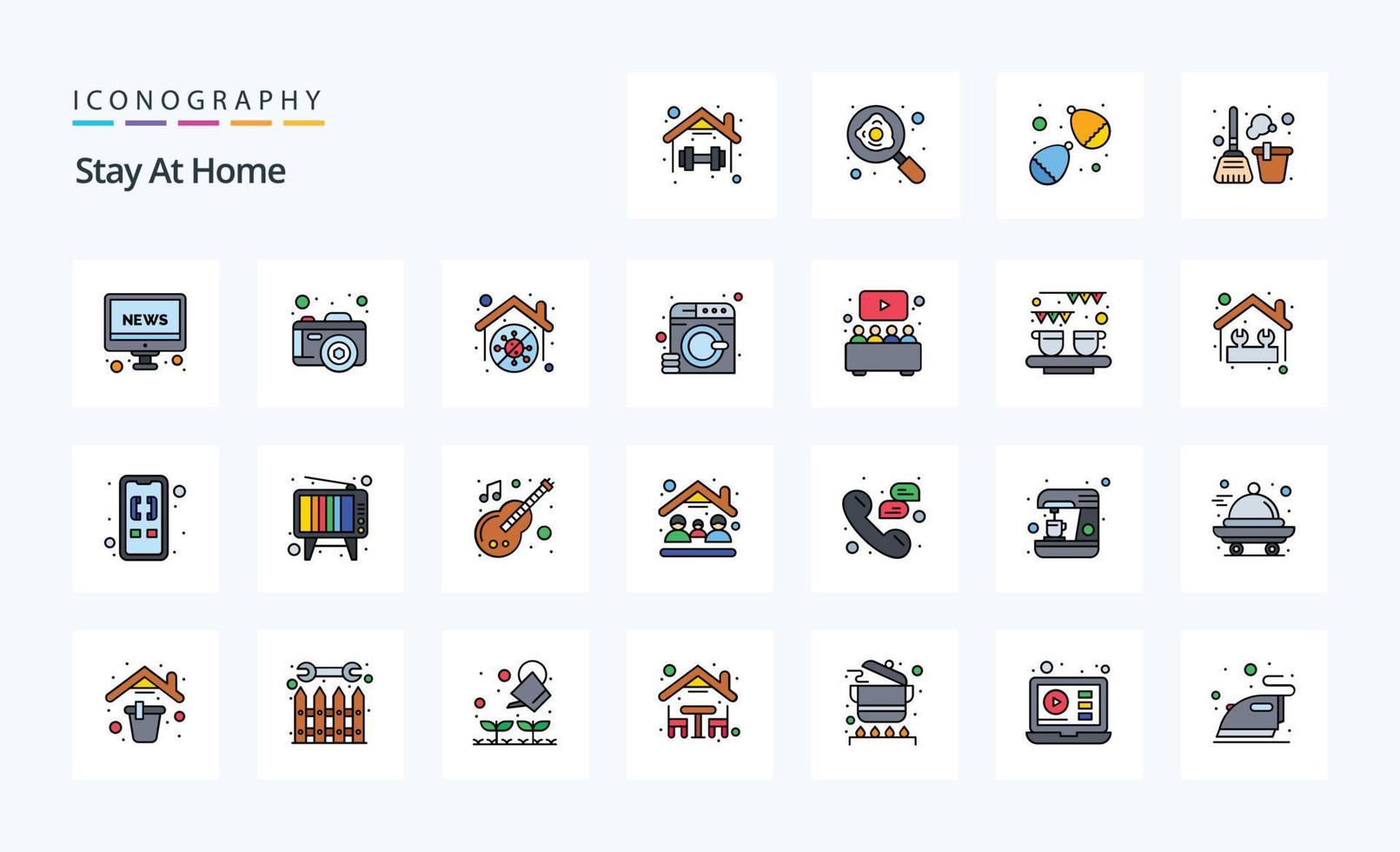 paquete de iconos de estilo lleno de línea de 25 quedarse en casa vector