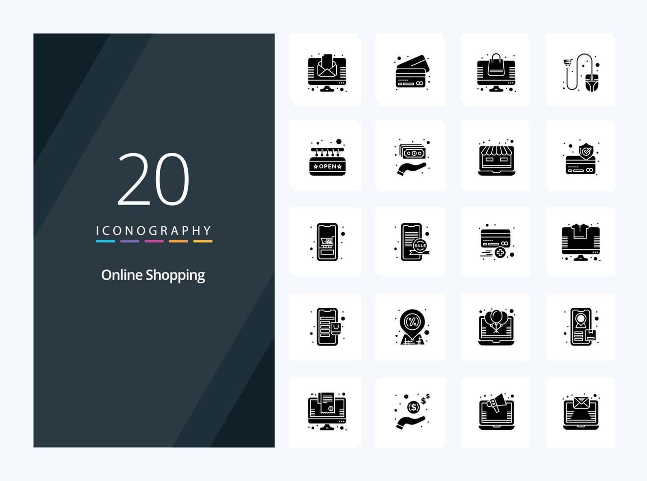 20 icono de glifo sólido de compras en línea para presentación vector
