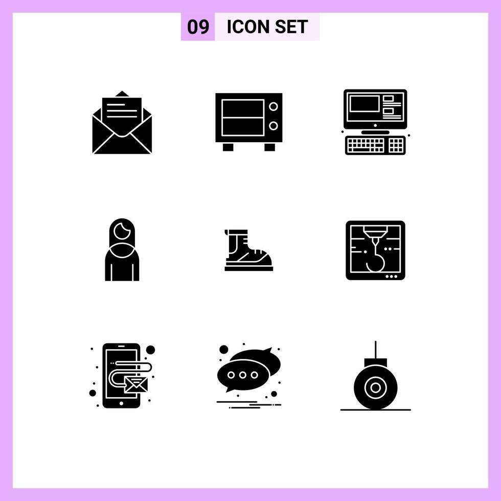 Group of 9 Solid Glyphs Signs and Symbols for hiking boots monitor lady mother Editable Vector Design Elements