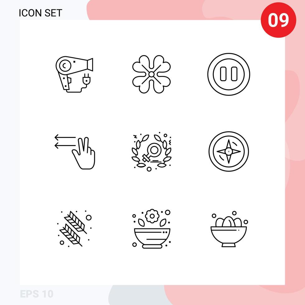 paquete de 9 signos y símbolos de contornos modernos para medios de impresión web, como controles de potencia de navegación, elementos de diseño de vectores editables de gestos de feminismo