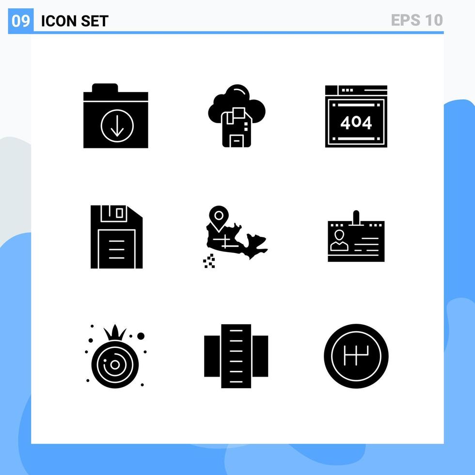 Set of 9 Commercial Solid Glyphs pack for cards map computing canada office Editable Vector Design Elements