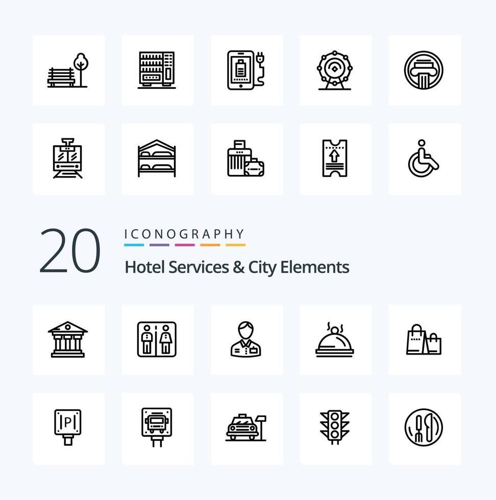 20 Hotel Services And City Elements Line icon Pack like bag  pallater bellboy dish service vector