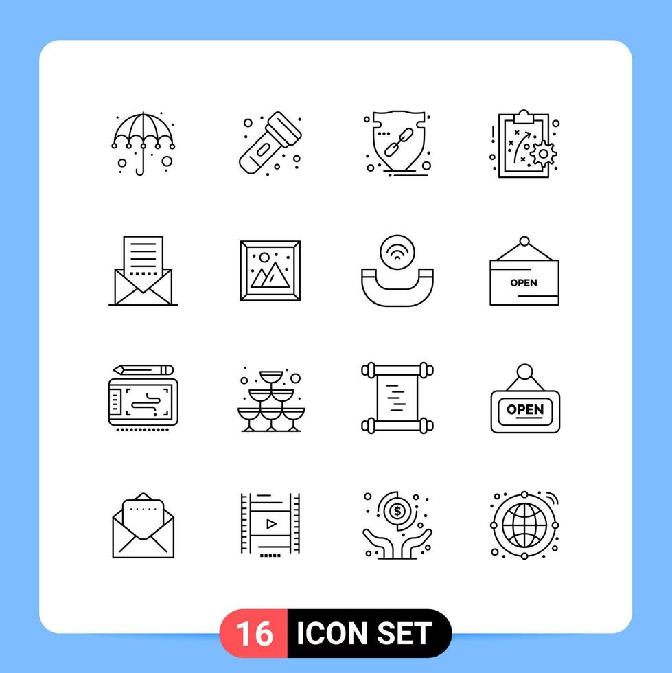 16 User Interface Outline Pack of modern Signs and Symbols of email workforce trust performance method shield Editable Vector Design Elements