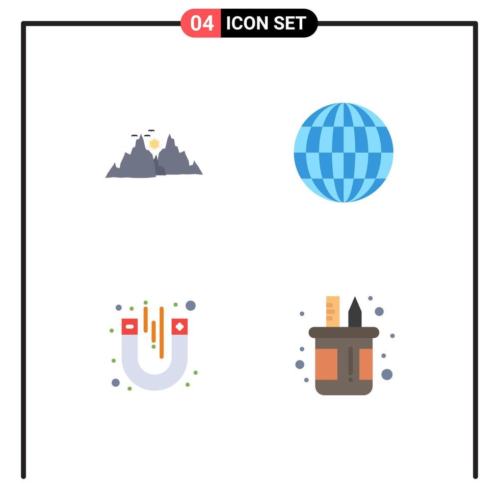 4 iconos planos universales establecidos para aplicaciones web y móviles montaña imán naturaleza globo magnético elementos de diseño vectorial editables vector