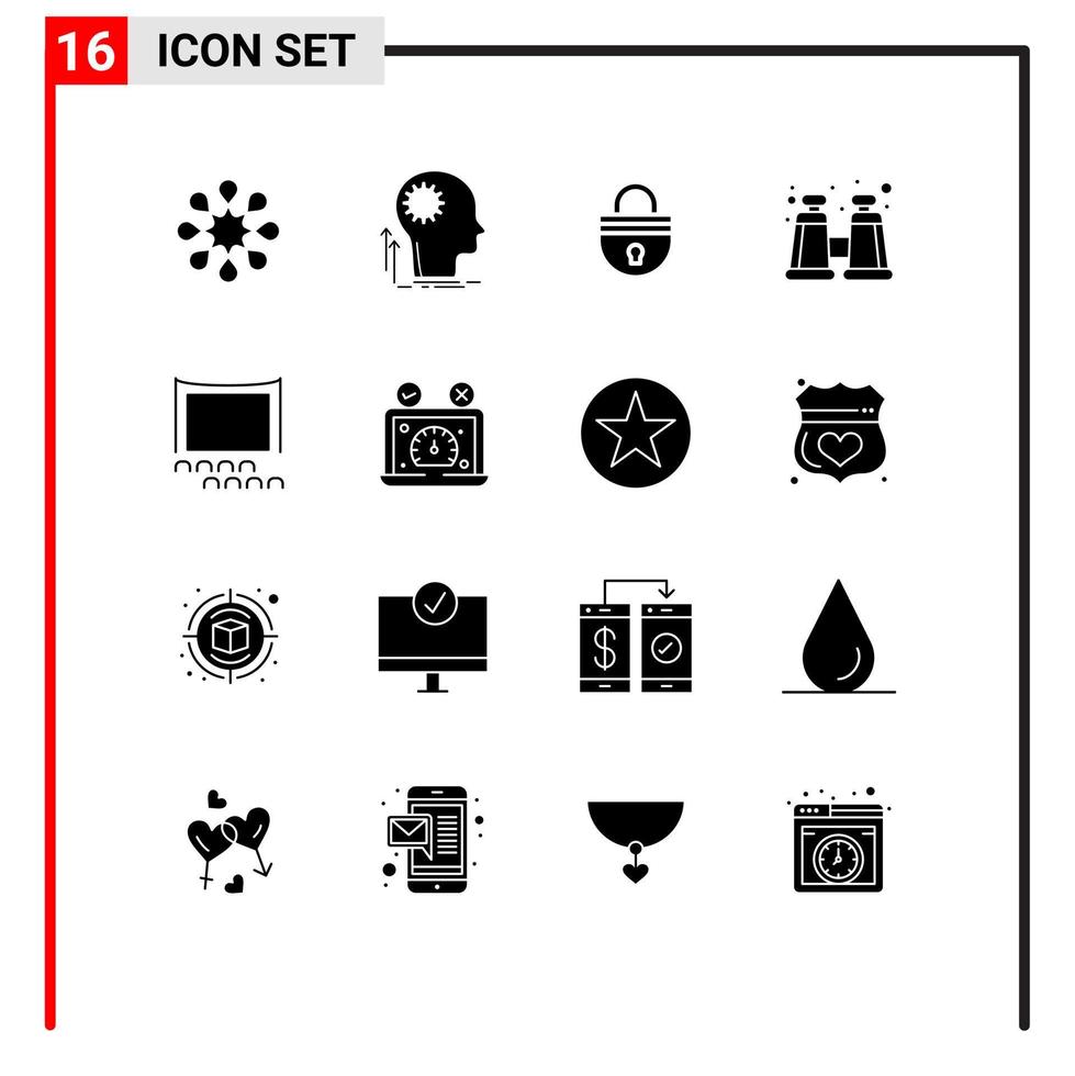 Universal Icon Symbols Group of 16 Modern Solid Glyphs of cinema spyglass lock explore login Editable Vector Design Elements