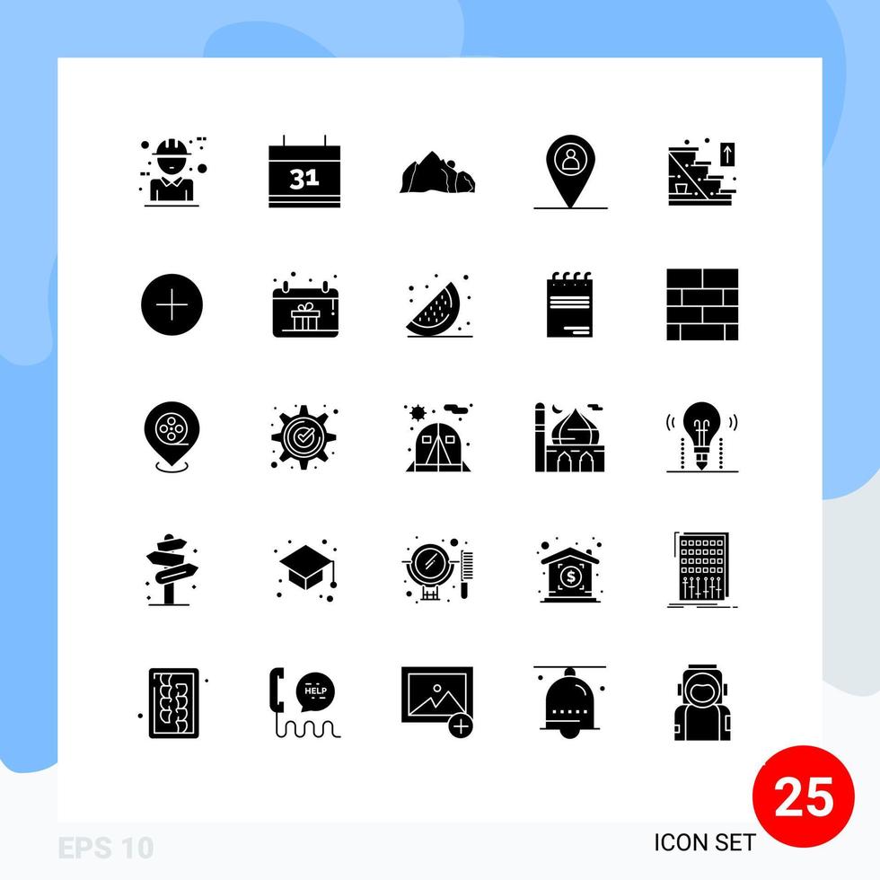 Modern Set of 25 Solid Glyphs Pictograph of stairs man hill map scene Editable Vector Design Elements