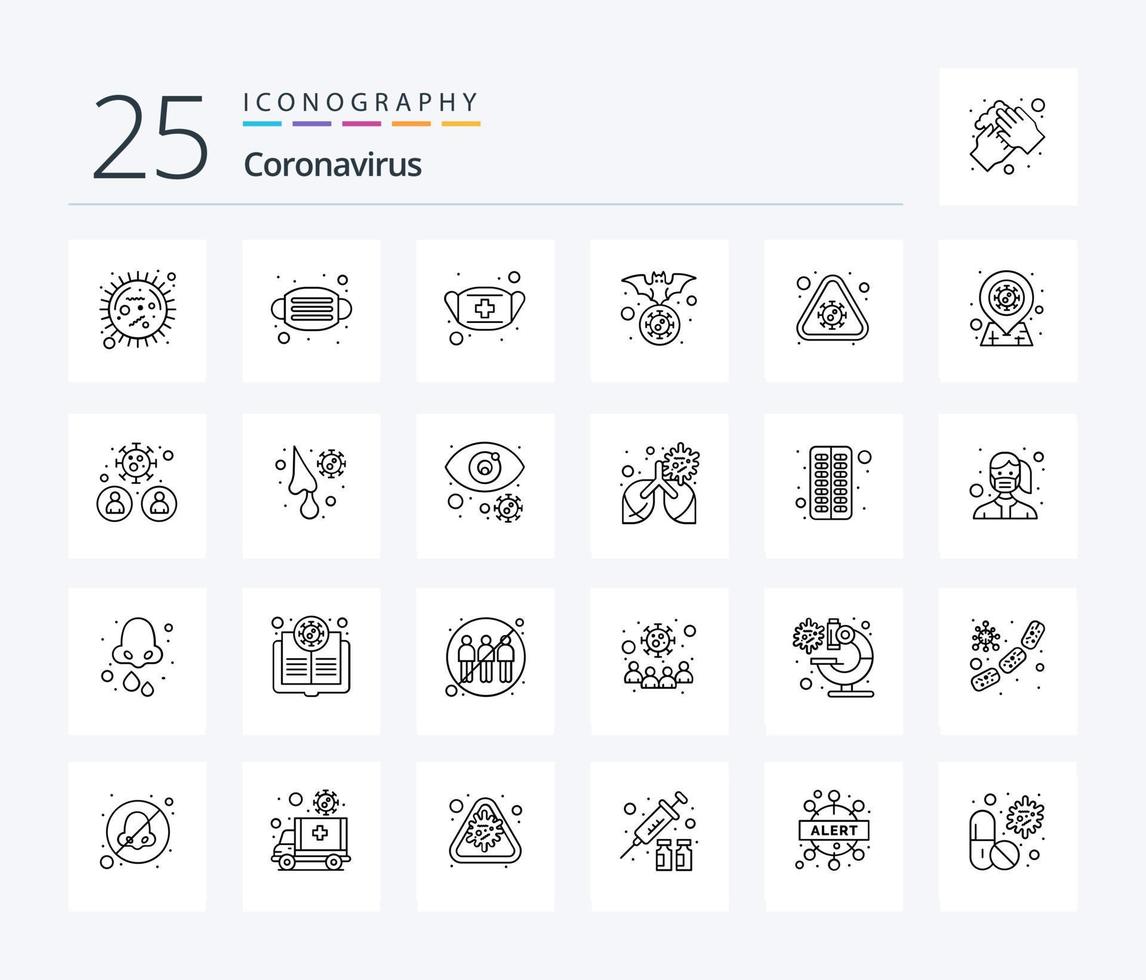 paquete de iconos de 25 líneas de coronavirus que incluye gripe. transportador. seguridad. murciélago. seguridad vector