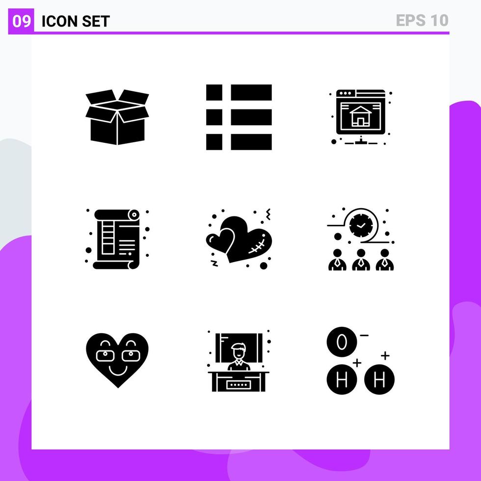 9 Universal Solid Glyphs Set for Web and Mobile Applications hearts ruler database print page Editable Vector Design Elements