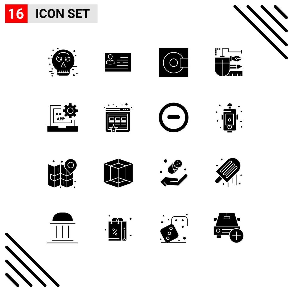 Group of 16 Modern Solid Glyphs Set for pencil drawing id mouse products Editable Vector Design Elements