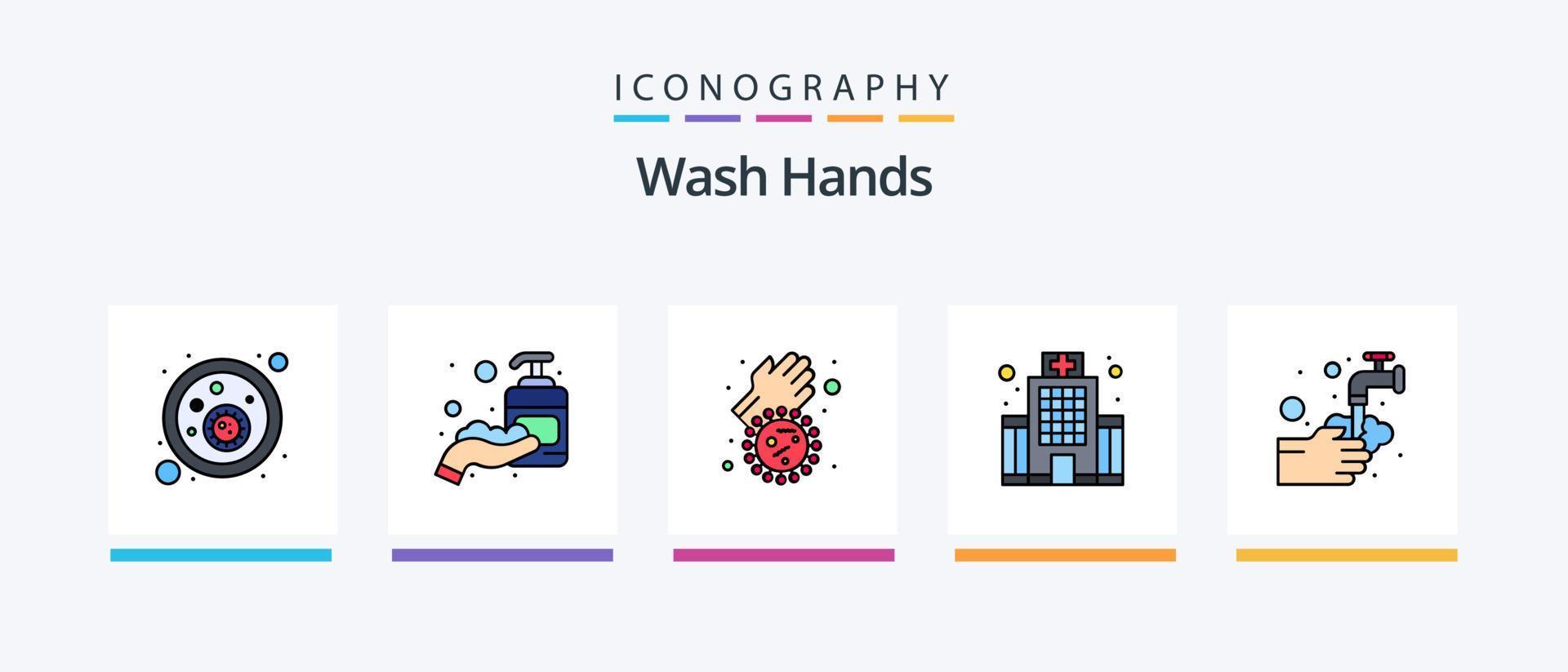 Wash Hands Line Filled 5 Icon Pack Including lotion. medical. virus. hands. quarantine. Creative Icons Design vector