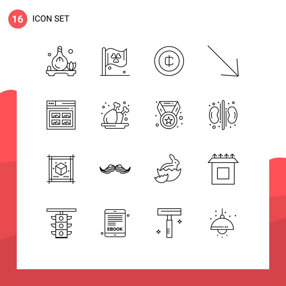 conjunto de 16 iconos modernos de la interfaz de usuario signos de símbolos para la página del sitio web moneda internet elementos de diseño vectorial editables a la derecha vector