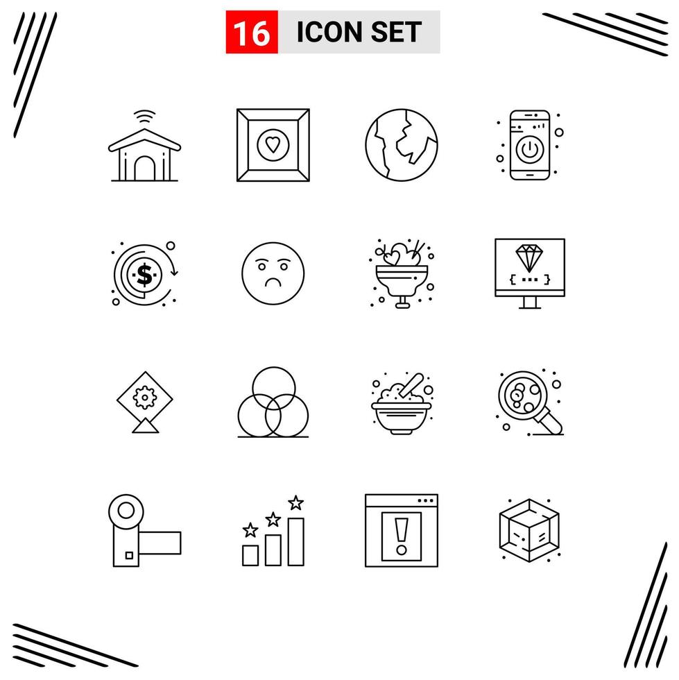 Universal Icon Symbols Group of 16 Modern Outlines of emotion profit map investment turn on Editable Vector Design Elements