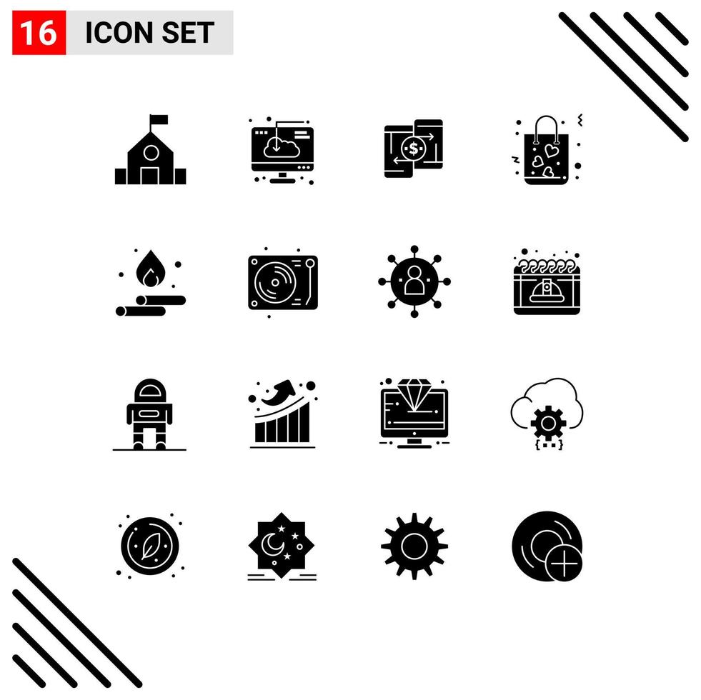 Solid Glyph Pack of 16 Universal Symbols of shopping gift software bag peer to peer Editable Vector Design Elements