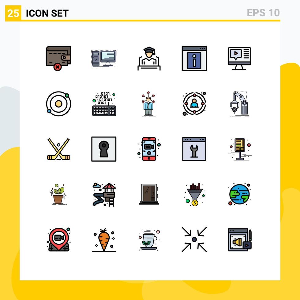 paquete de 25 modernos signos y símbolos de colores planos de línea rellena para medios de impresión web, como información de tapa web de computadora, elementos de diseño de vectores editables de contacto