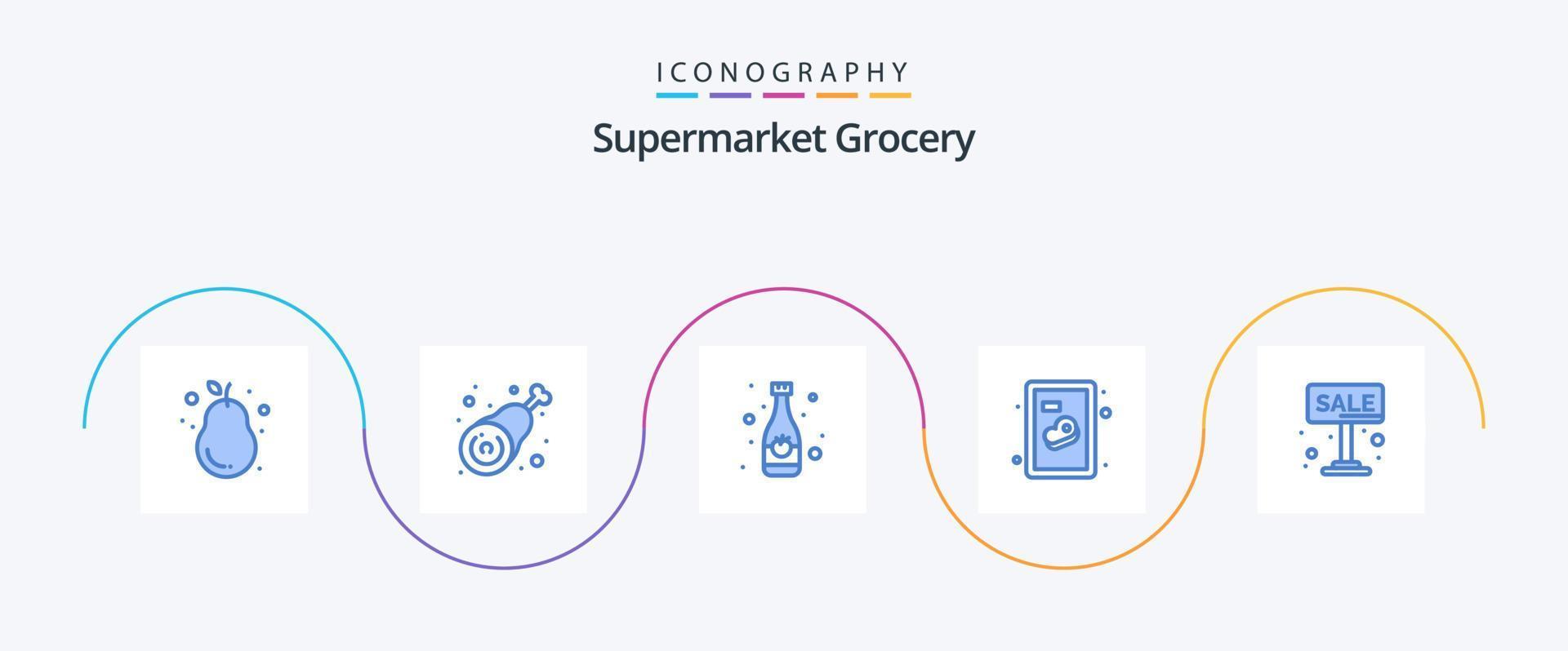 paquete de iconos azul de supermercado 5 que incluye venta. carne. pierna. carne de res. beber vector