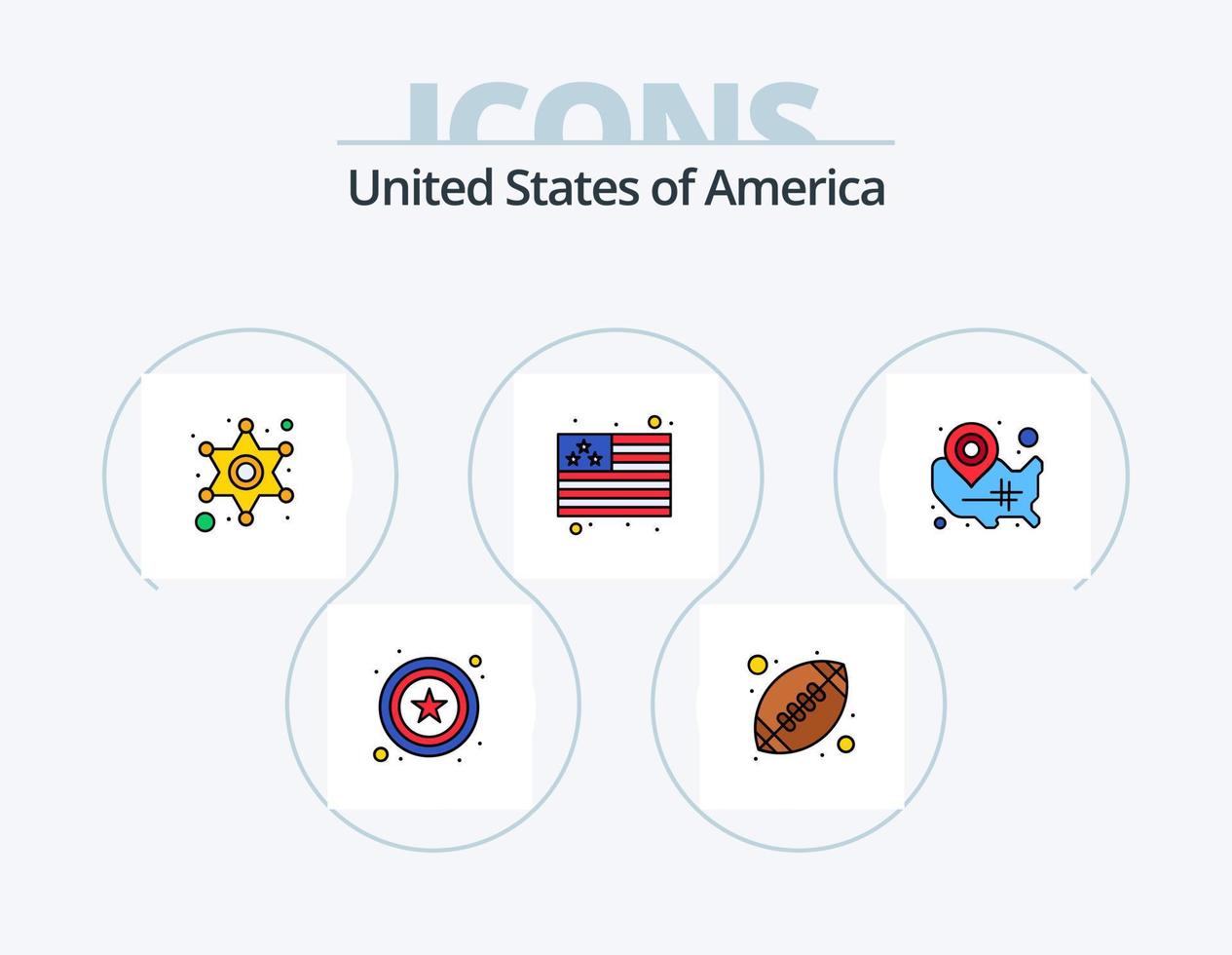 paquete de iconos llenos de línea de EE. UU. 5 diseño de iconos. estado. casco. señal de policía. fútbol. EE.UU vector