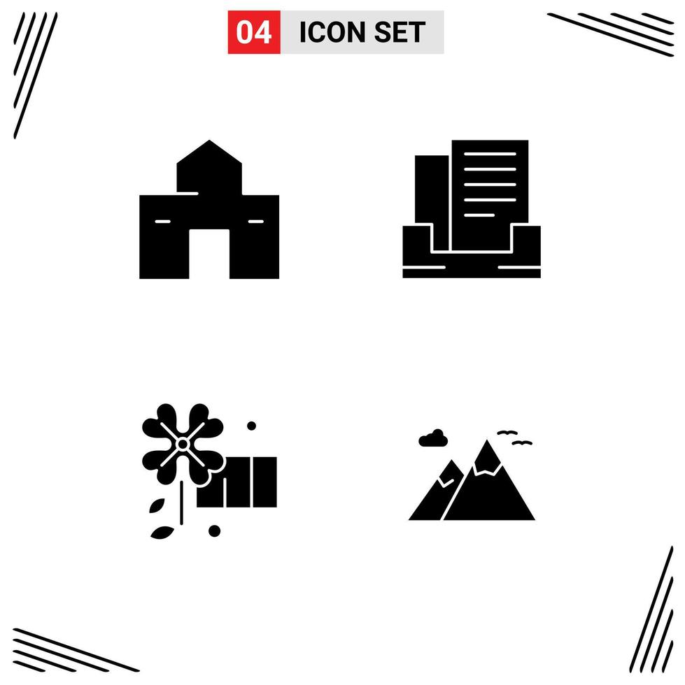 conjunto moderno de 4 pictogramas de glifos sólidos de construcción de cabaña de flores caja de salida montañas elementos de diseño vectorial editables vector