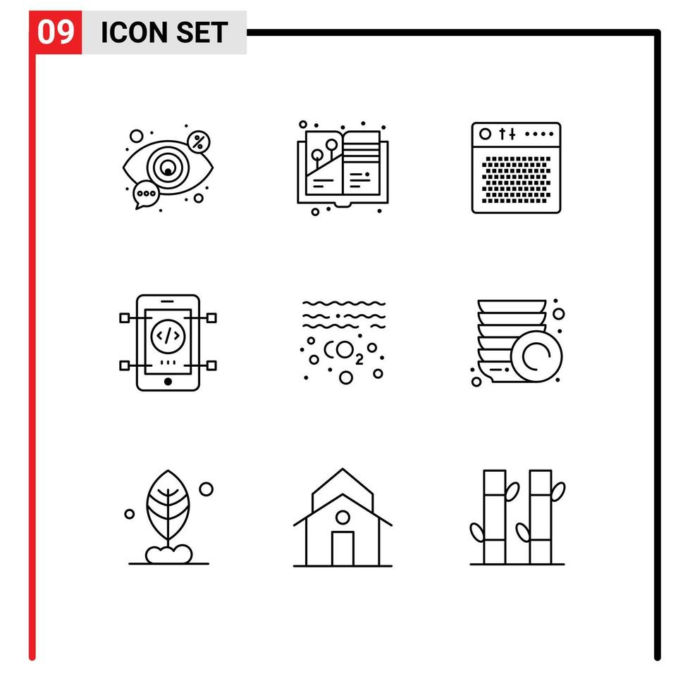 Editable Vector Line Pack of 9 Simple Outlines of web coding painting book mobile multimedia Editable Vector Design Elements