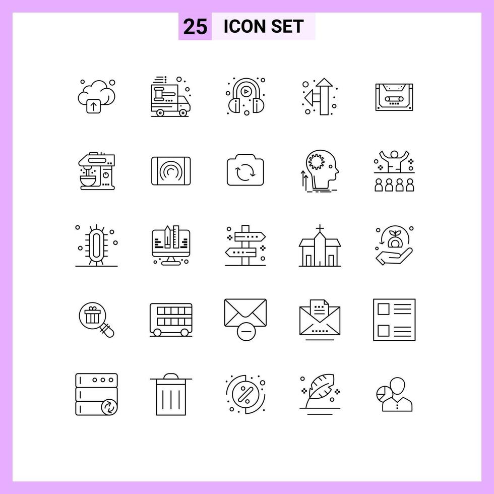 Set of 25 Modern UI Icons Symbols Signs for cassette analog e learning up left direction Editable Vector Design Elements