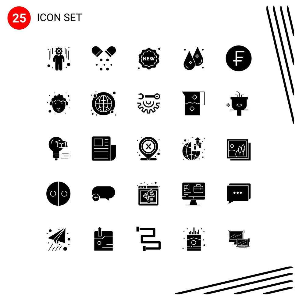 Universal Icon Symbols Group of 25 Modern Solid Glyphs of currency swiss france label water humidity Editable Vector Design Elements