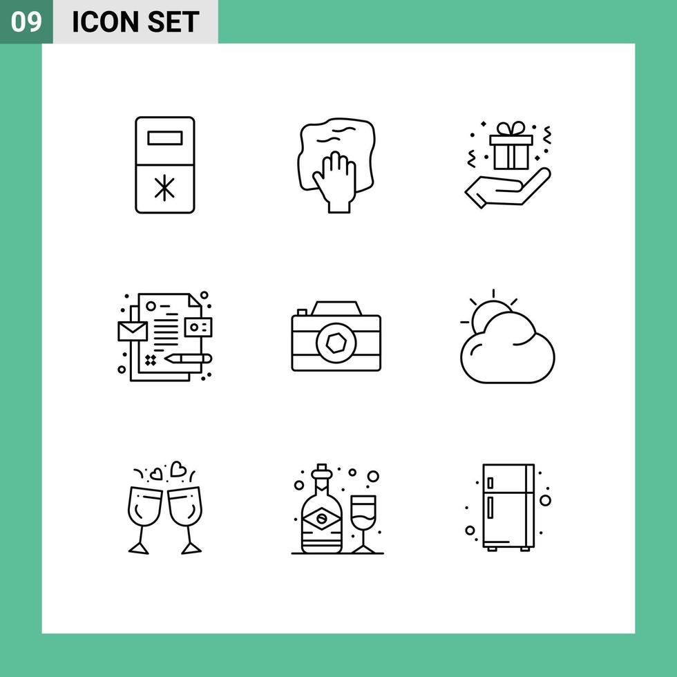Editable Vector Line Pack of 9 Simple Outlines of photo image birthday camera design Editable Vector Design Elements