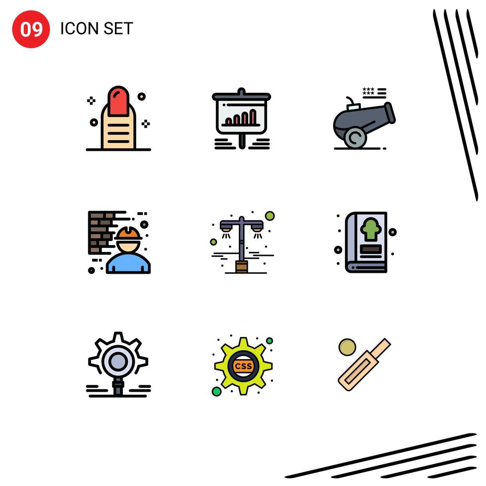 Set of 9 Commercial Filledline Flat Colors pack for lamp man big gun labour architecture Editable Vector Design Elements