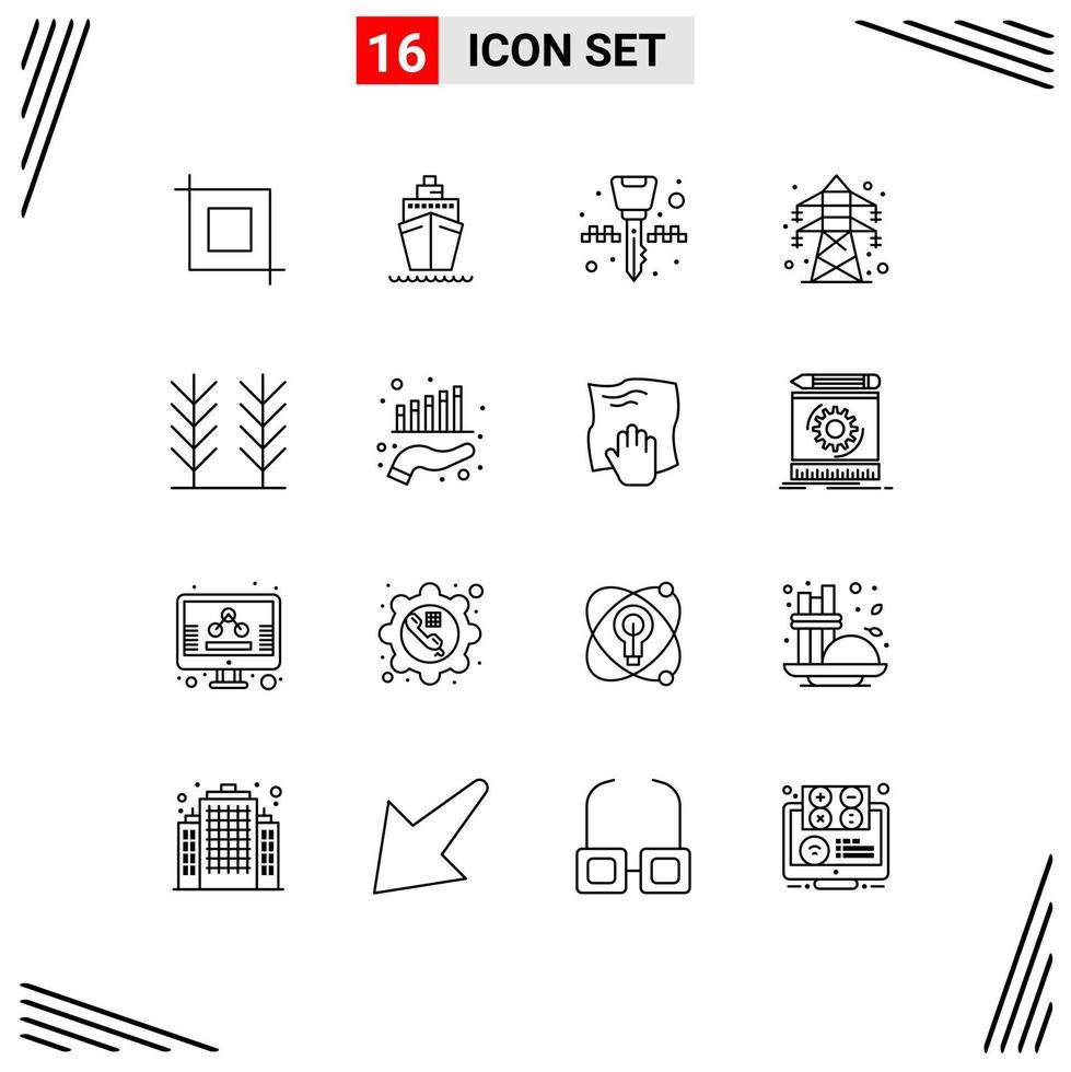 16 Universal Outline Signs Symbols of wheat cereal ignition key transmission tower energy Editable Vector Design Elements