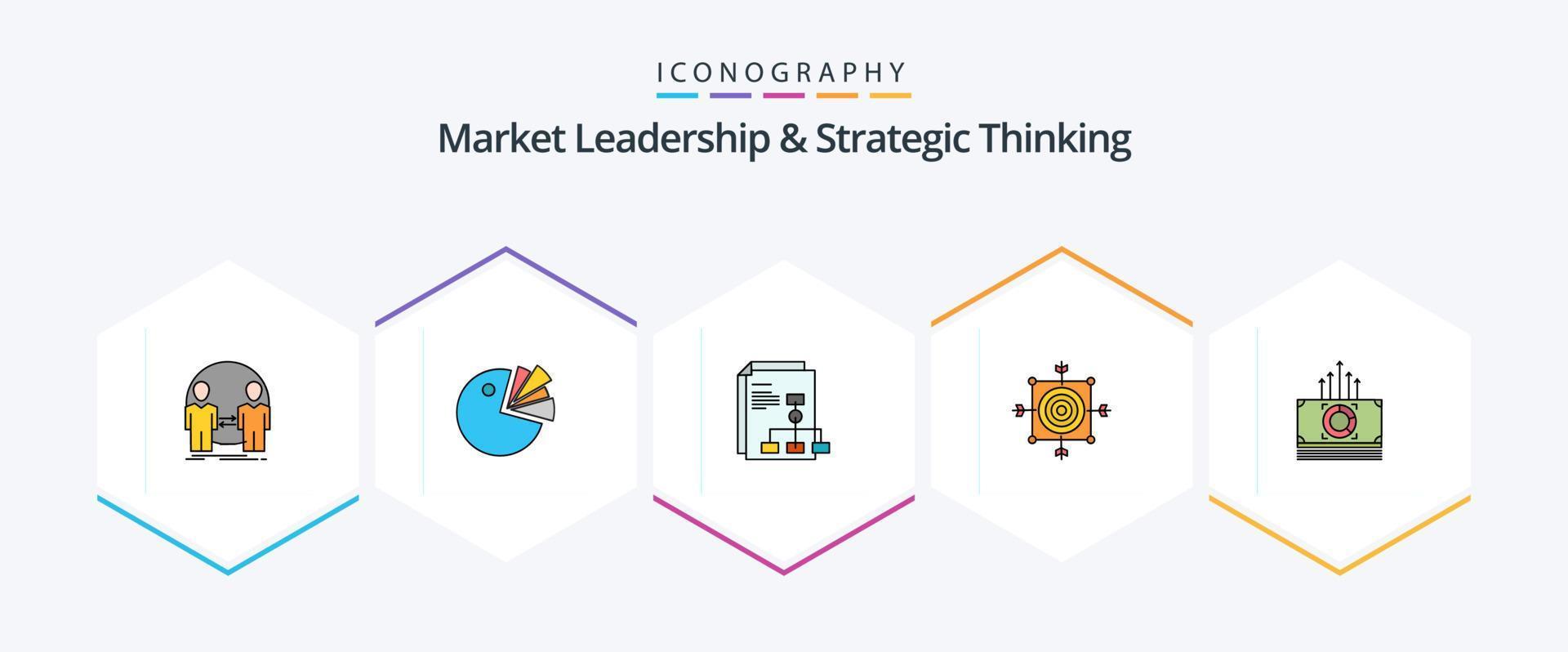 Market Leadership And Strategic Thinking 25 FilledLine icon pack including target. dart. diagram. board. report vector