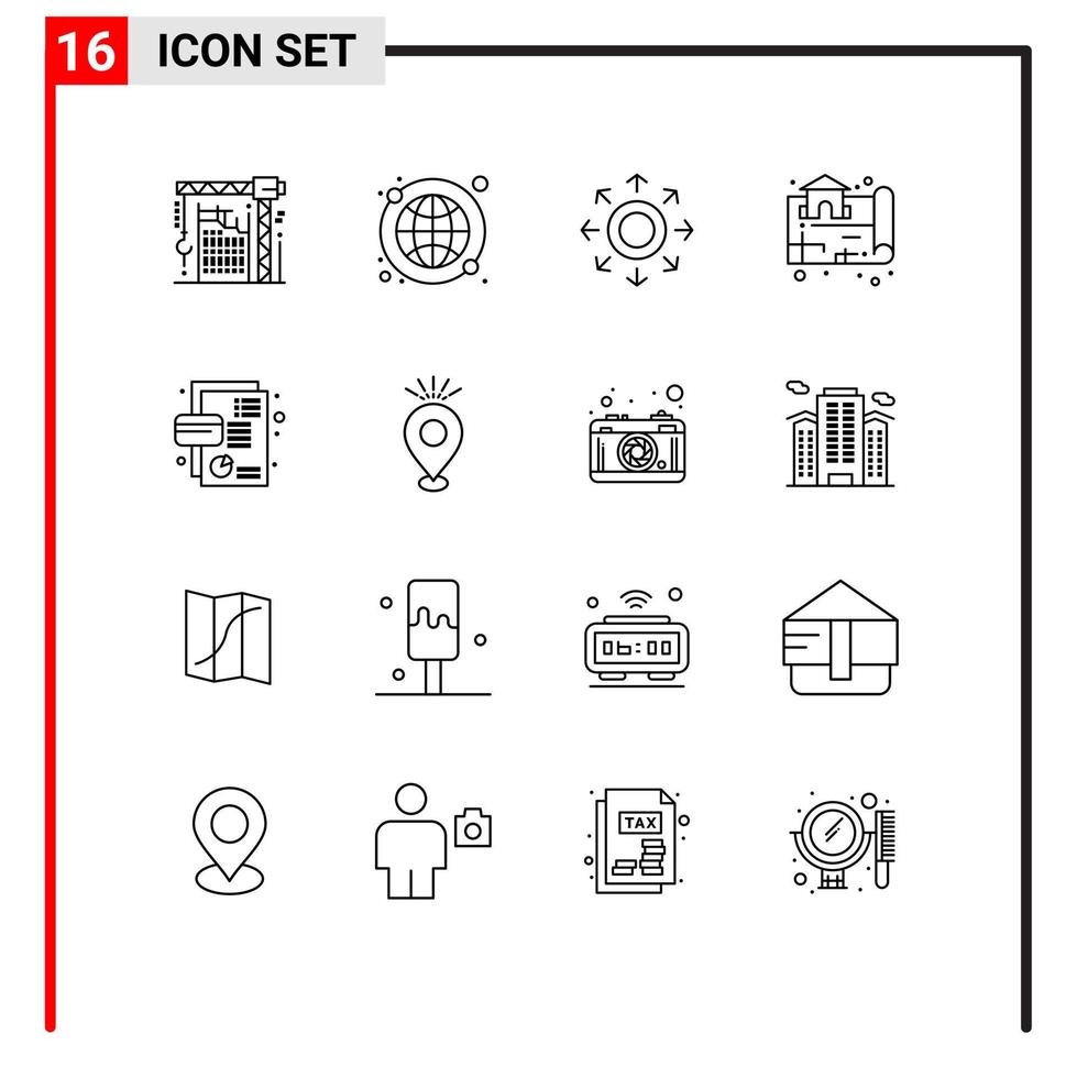 paquete de esquema de 16 símbolos universales de mapa de negocios flecha de ubicación mundial elementos de diseño vectorial editables vector