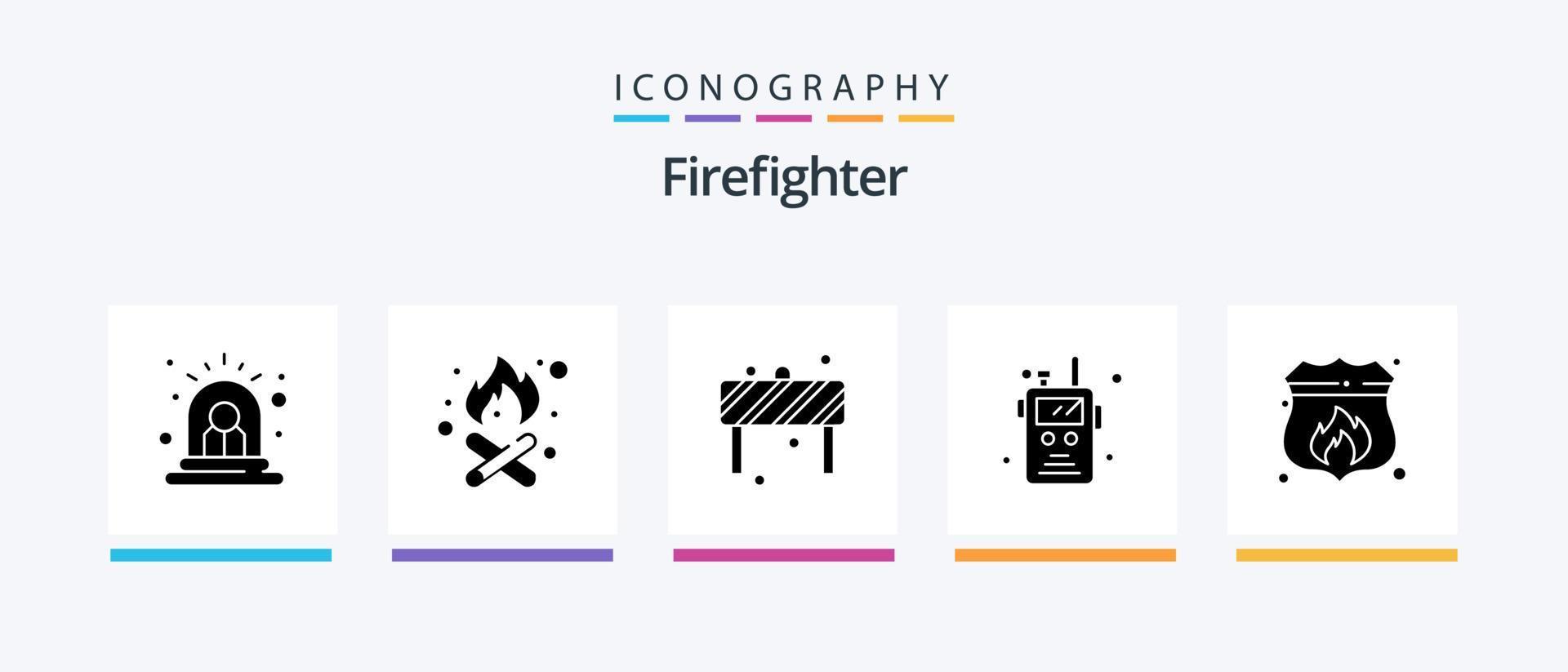 Firefighter Glyph 5 Icon Pack Including shield. access. block. fire. radio transceiver. Creative Icons Design vector