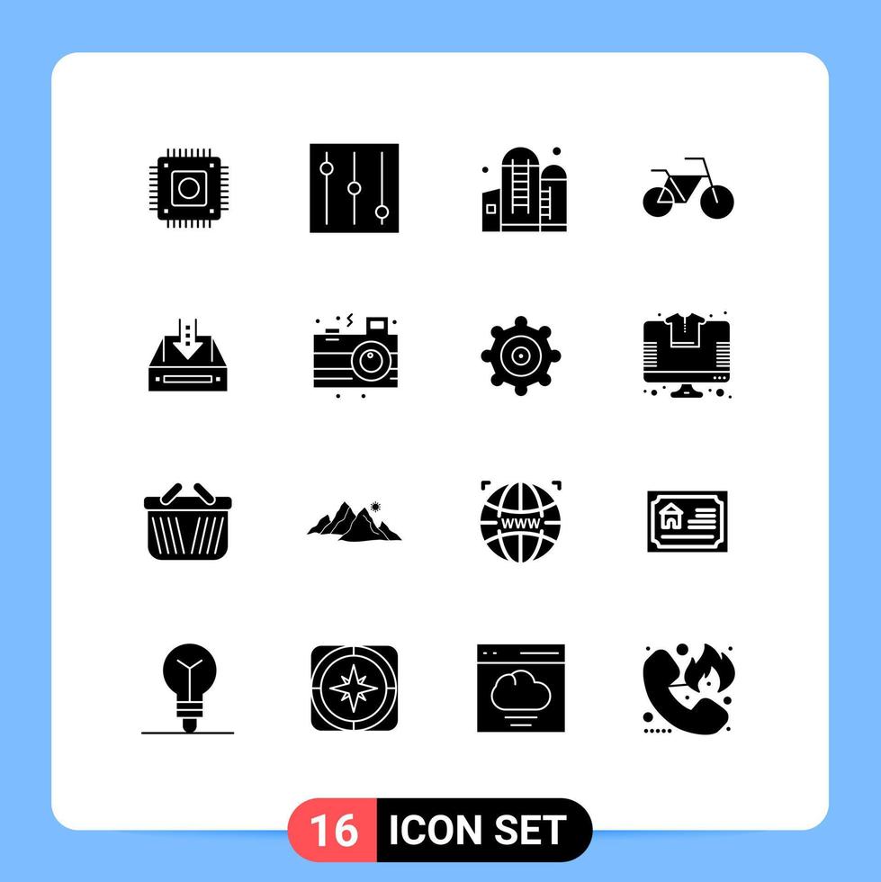 Pack of 16 creative Solid Glyphs of camera empty silo document box Editable Vector Design Elements