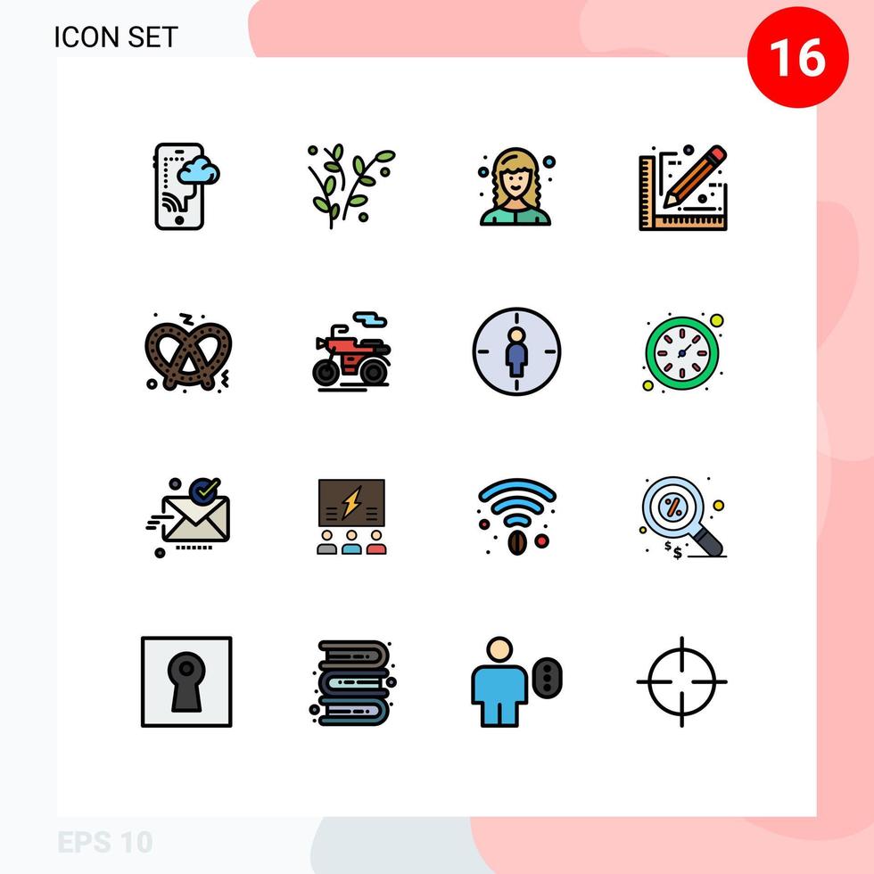 Set of 16 Commercial Flat Color Filled Lines pack for pretzel sketch developer document architect Editable Creative Vector Design Elements