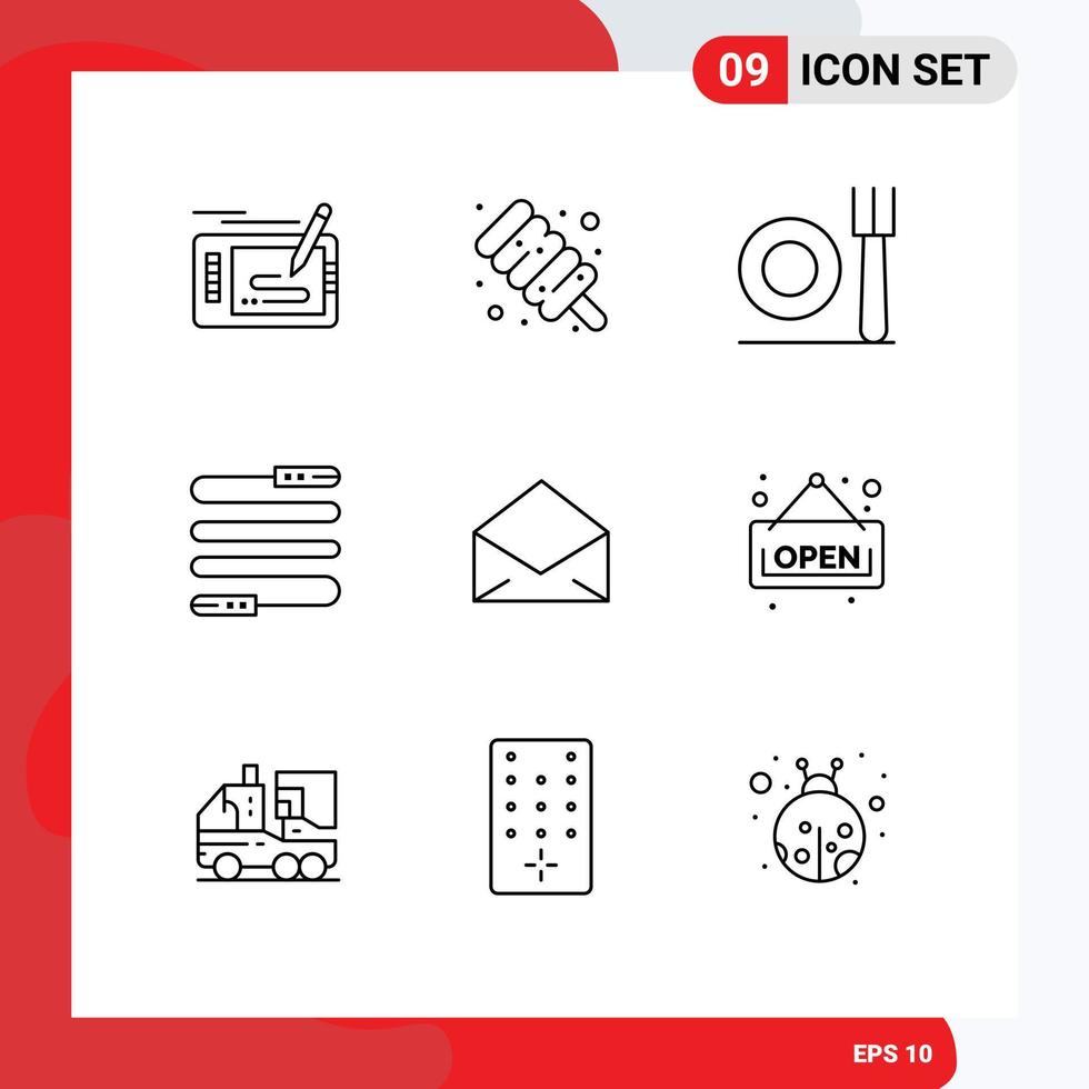 Pack of 9 Modern Outlines Signs and Symbols for Web Print Media such as message email fork sports jump Editable Vector Design Elements