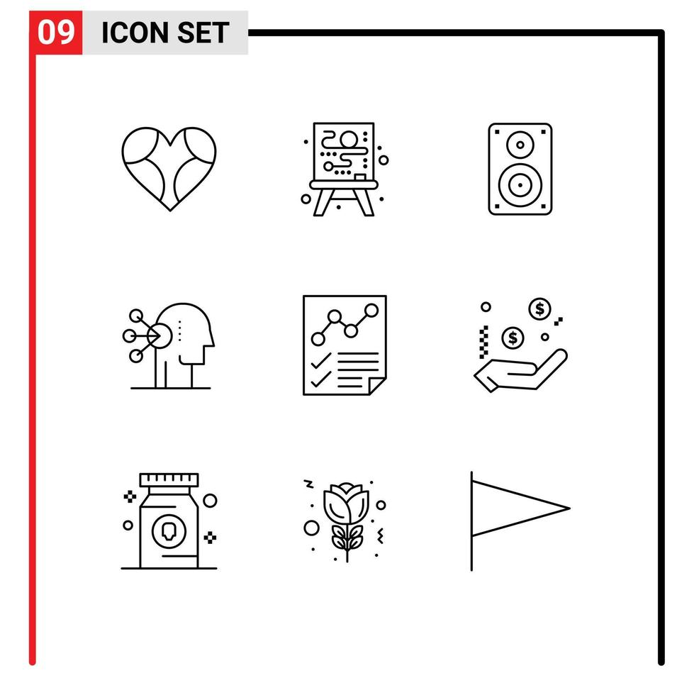 Modern Set of 9 Outlines and symbols such as analytics concentration audio assortment professional Editable Vector Design Elements