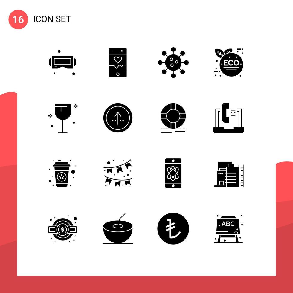 Modern Set of 16 Solid Glyphs and symbols such as food green leaf biochemistry eco leaf laboratory Editable Vector Design Elements