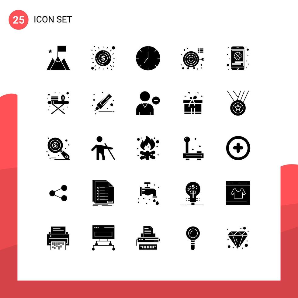 paquete de 25 signos y símbolos de glifos sólidos modernos para medios de impresión web, como dardos de objetivo de reloj de enfoque móvil, elementos de diseño de vectores editables