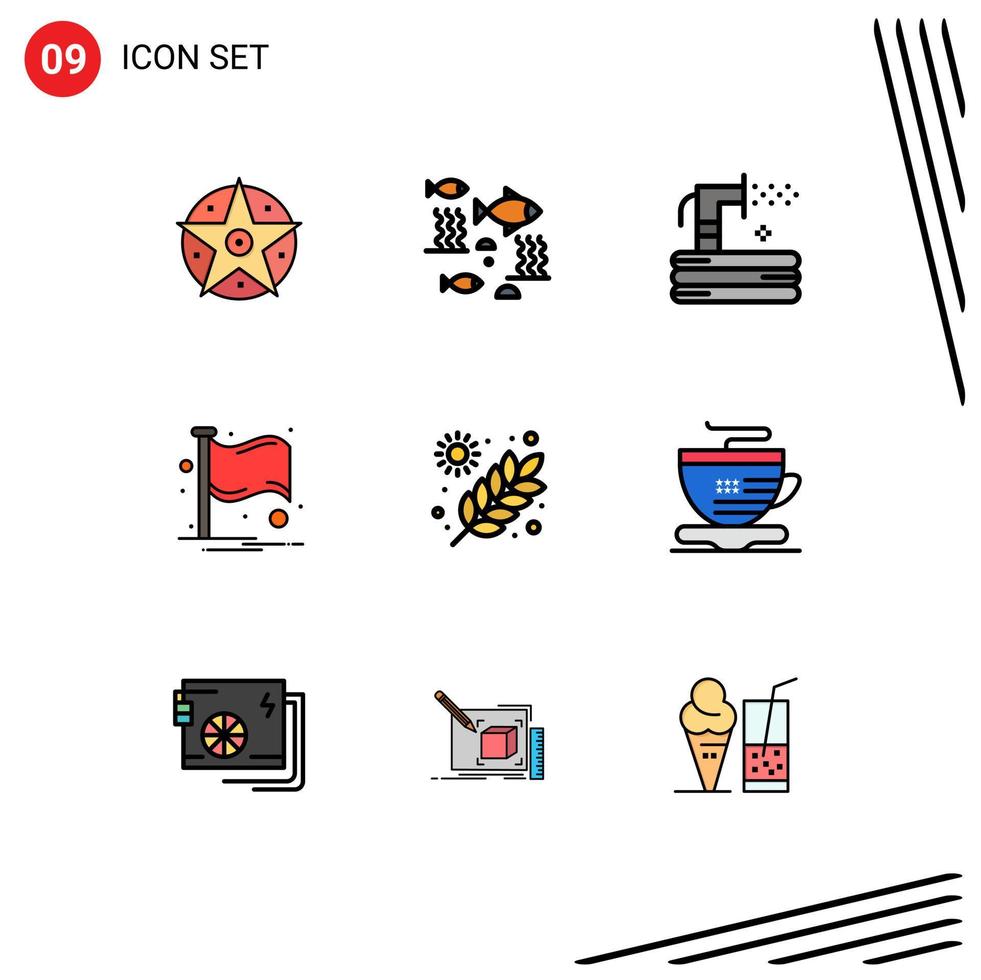 Pack of 9 Modern Filledline Flat Colors Signs and Symbols for Web Print Media such as place flag under water country summer Editable Vector Design Elements