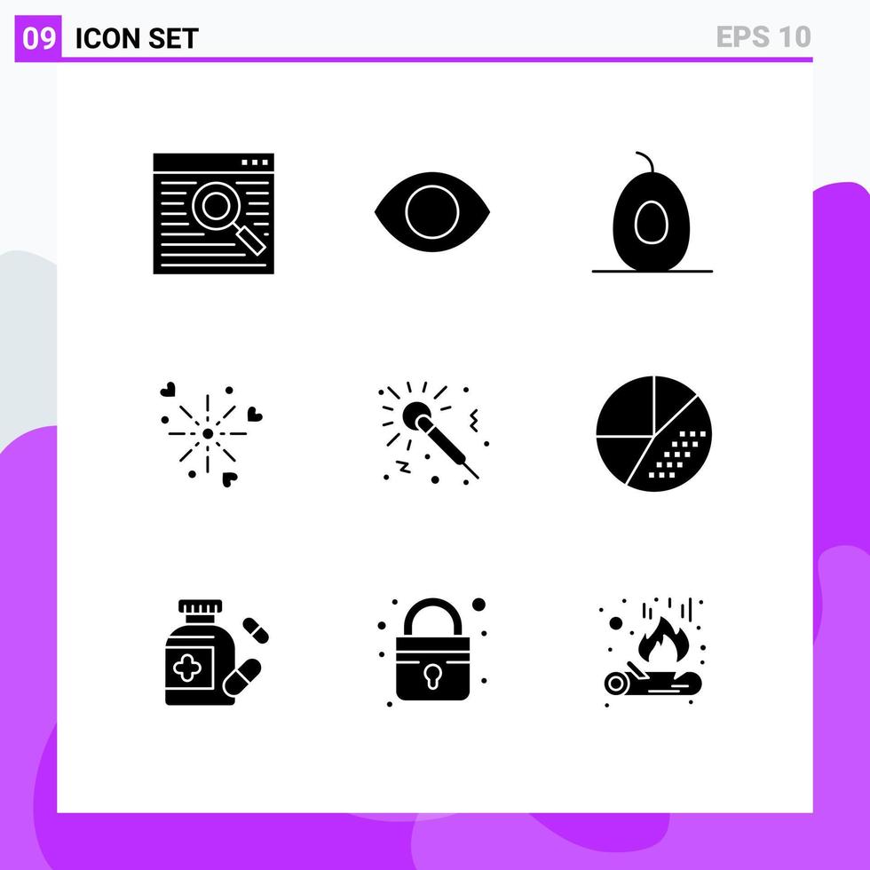 Set of 9 Vector Solid Glyphs on Grid for studio microphone avocado love celebration Editable Vector Design Elements