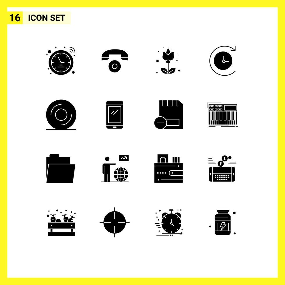Pack of 16 Modern Solid Glyphs Signs and Symbols for Web Print Media such as smart phone disk flora dvd time machine Editable Vector Design Elements