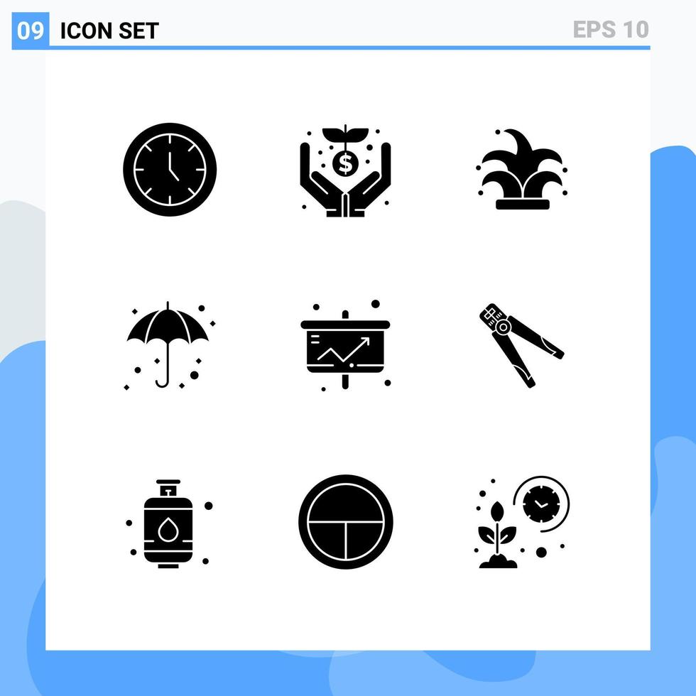 Mobile Interface Solid Glyph Set of 9 Pictograms of chart wet best weather beach Editable Vector Design Elements